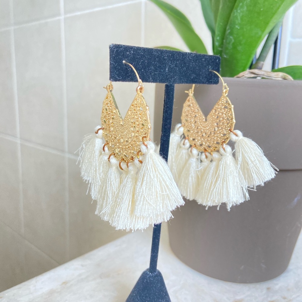 Elegant Gold and Cream Tassel Earrings